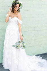 A-line Off-the-shoulder Applique Court Train Rustic Wedding Dress